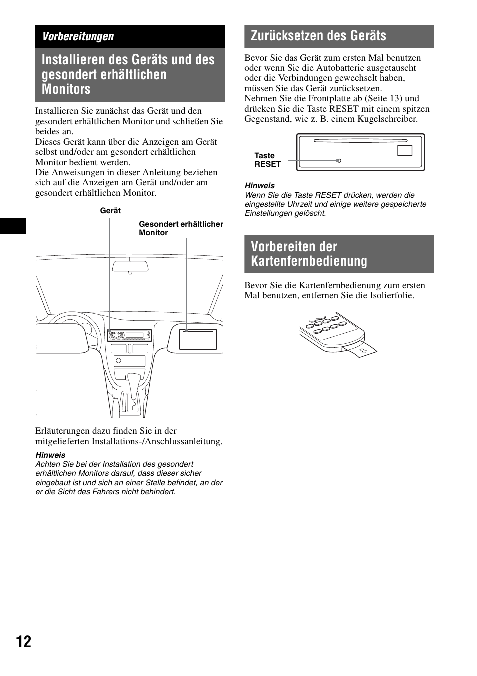 Vorbereitungen, Zurücksetzen des geräts, Vorbereiten der kartenfernbedienung | Seite 12) | Sony MEX-DV1000 User Manual | Page 68 / 300