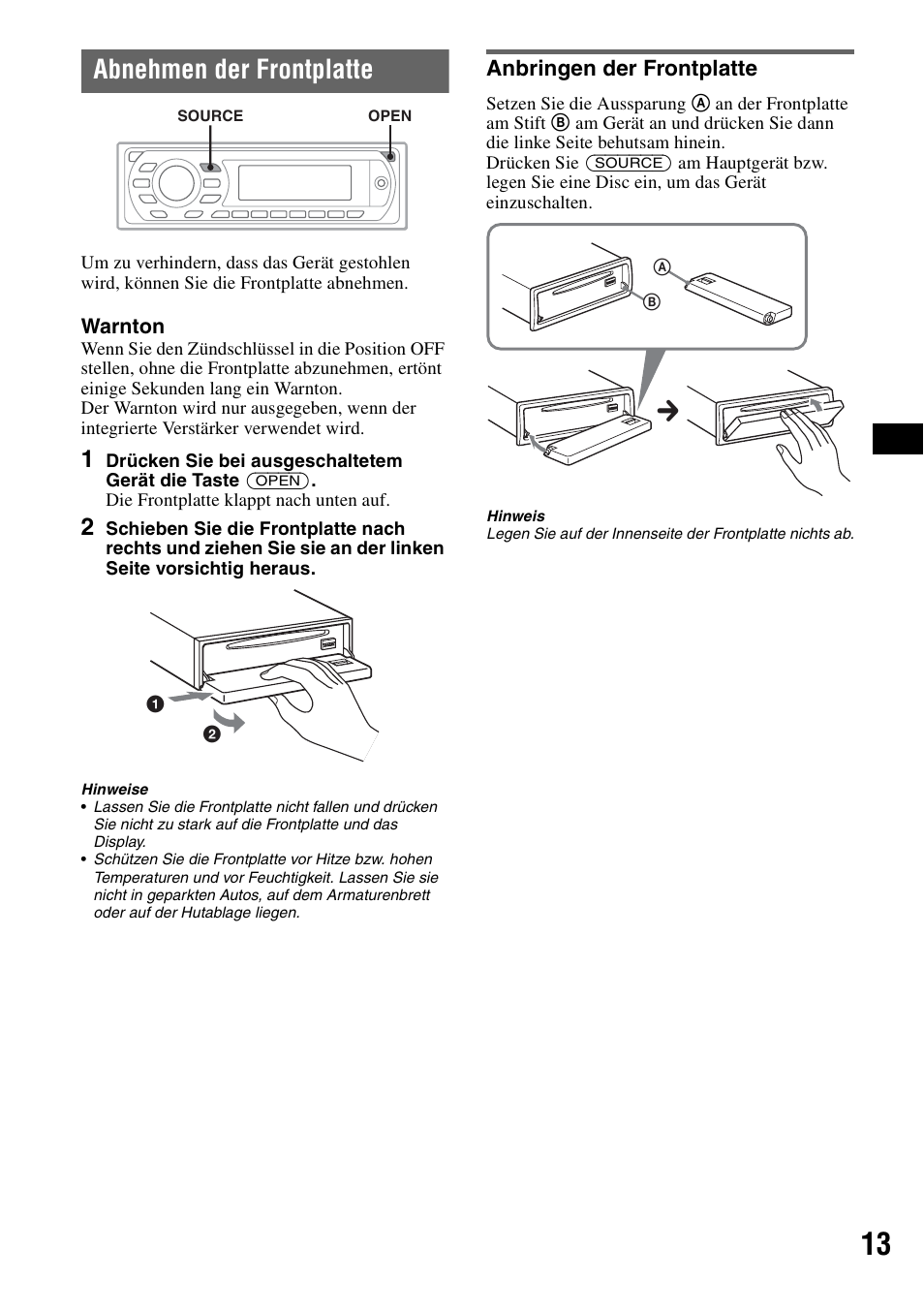 Abnehmen der frontplatte, Anbringen der frontplatte | Sony MEX-DV1000 User Manual | Page 69 / 300