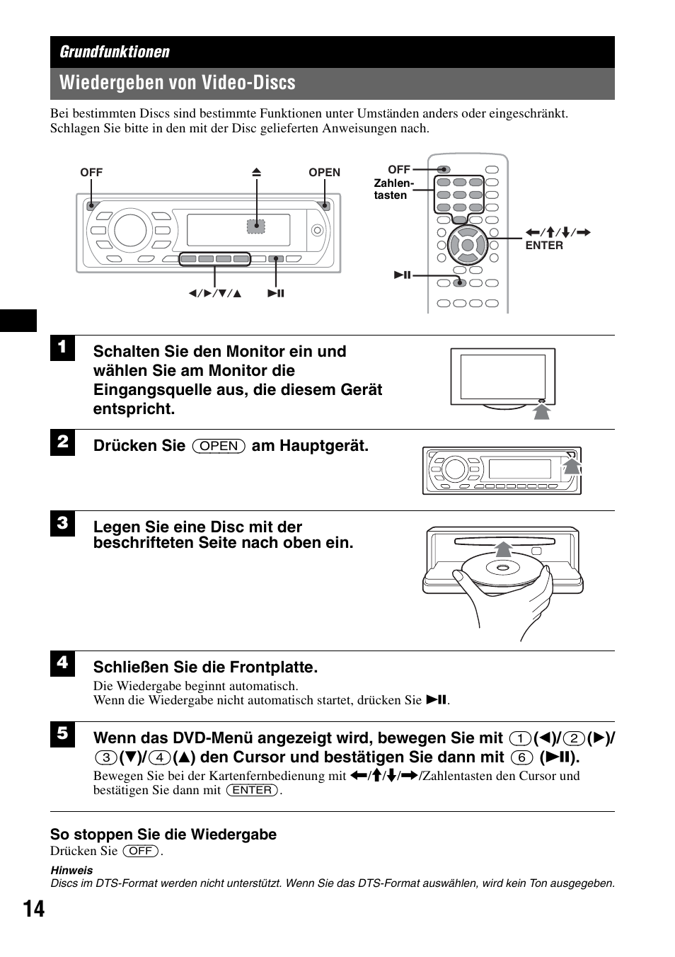 Grundfunktionen, Wiedergeben von video-discs, Drücken sie (open) am hauptgerät | Schließen sie die frontplatte | Sony MEX-DV1000 User Manual | Page 70 / 300