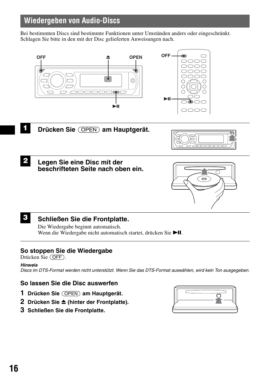 Wiedergeben von audio-discs, Drücken sie (open) am hauptgerät, Schließen sie die frontplatte | Sony MEX-DV1000 User Manual | Page 72 / 300
