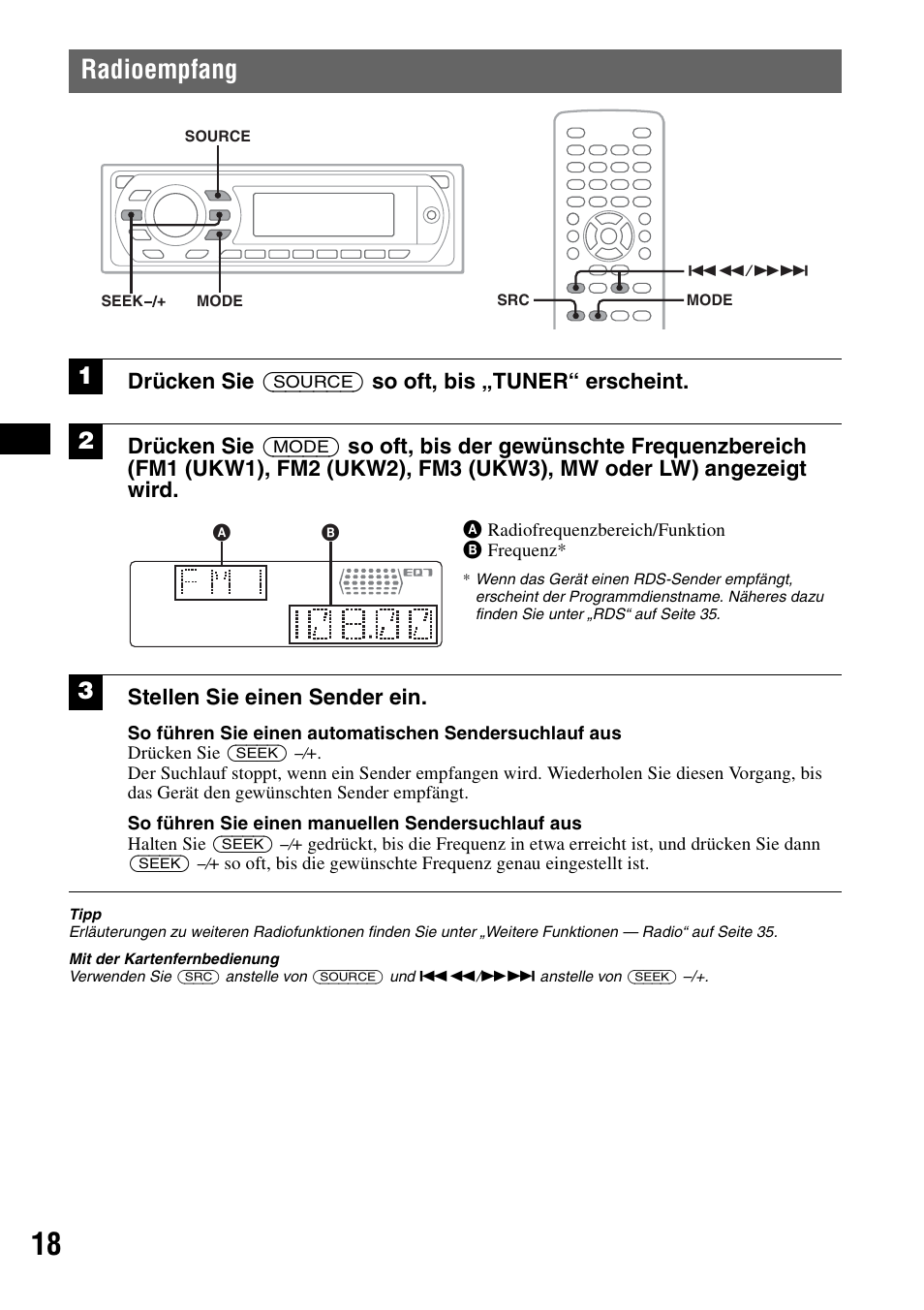 Radioempfang, Drücken sie (source) so oft, bis „tuner“ erscheint, Stellen sie einen sender ein | Sony MEX-DV1000 User Manual | Page 74 / 300