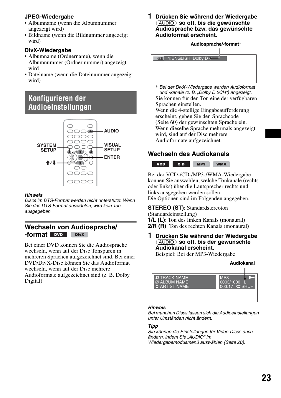 Konfigurieren der audioeinstellungen, Wechseln von audiosprache/ -format, Wechseln von audiosprache/-format | Wechseln des audiokanals | Sony MEX-DV1000 User Manual | Page 79 / 300