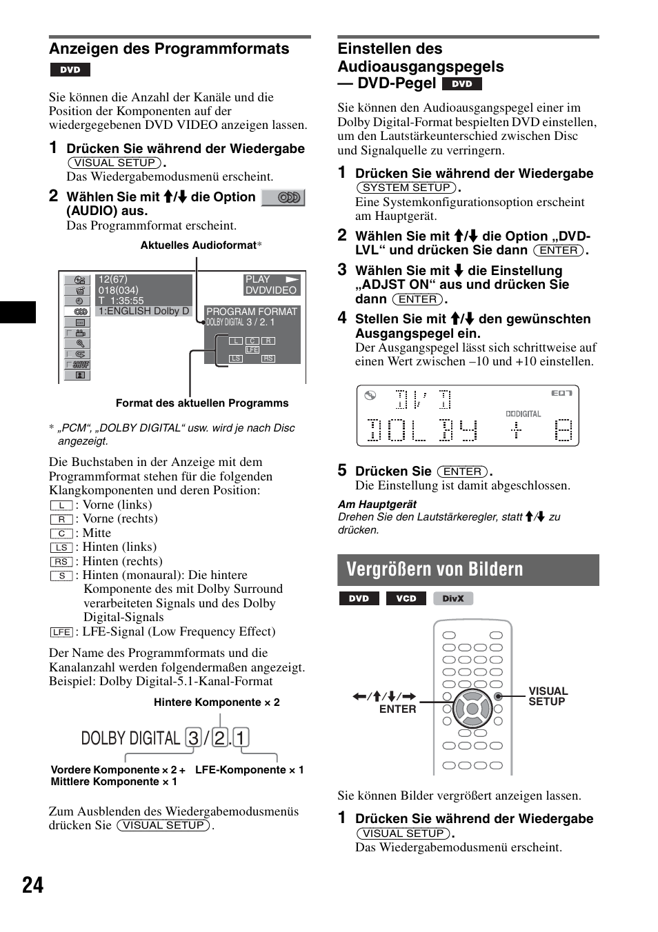 Anzeigen des programmformats, Einstellen des audioausgangspegels - dvd-pegel, Vergrößern von bildern | Up 24, Dolby digital 3 / 2, Einstellen des audioausgangspegels — dvd-pegel | Sony MEX-DV1000 User Manual | Page 80 / 300