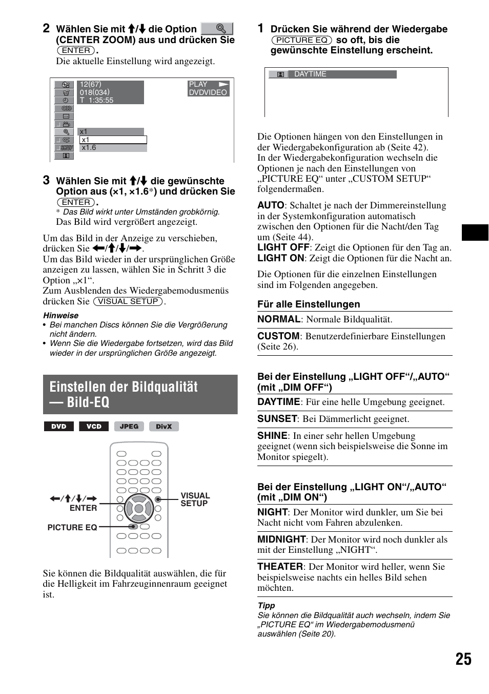 Einstellen der bildqualität - bild-eq, Seite 25, Einstellen der bildqualität — bild-eq | Sony MEX-DV1000 User Manual | Page 81 / 300