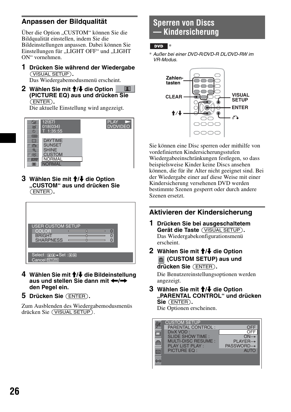 Anpassen der bildqualität, Sperren von discs - kindersicherung, Aktivieren der kindersicherung | Sperren von discs — kindersicherung, Seite 26 | Sony MEX-DV1000 User Manual | Page 82 / 300