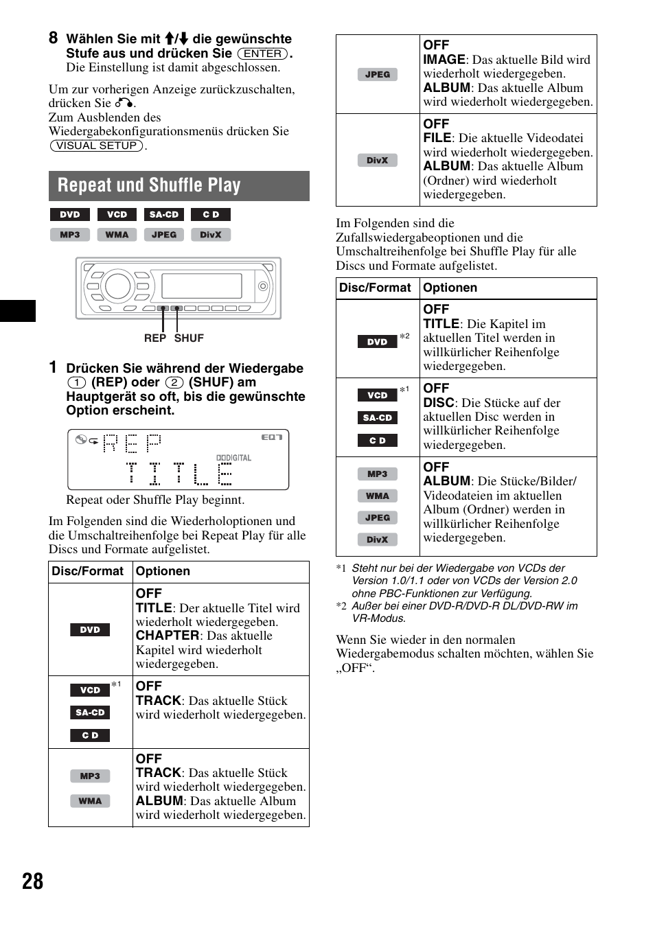 Repeat und shuffle play, S 28, Seite 28 bi | Sony MEX-DV1000 User Manual | Page 84 / 300