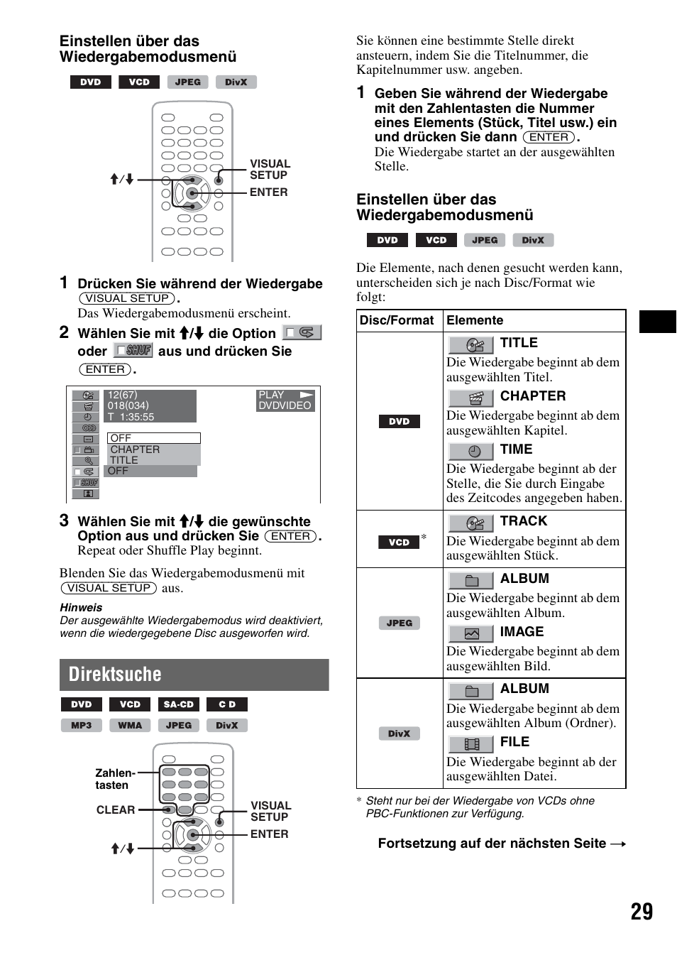 Direktsuche, Ck 29, Einstellen über das wiedergabemodusmenü | Sony MEX-DV1000 User Manual | Page 85 / 300