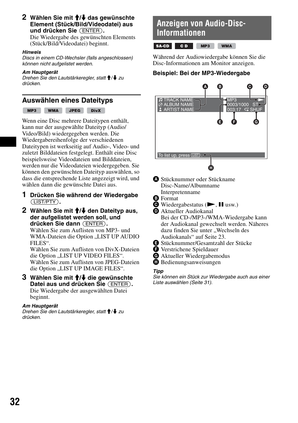 Auswählen eines dateityps, Anzeigen von audio-disc- informationen, Anzeigen von audio-disc-informationen | S 32, Seite 32 bi, S (seite 32 | Sony MEX-DV1000 User Manual | Page 88 / 300