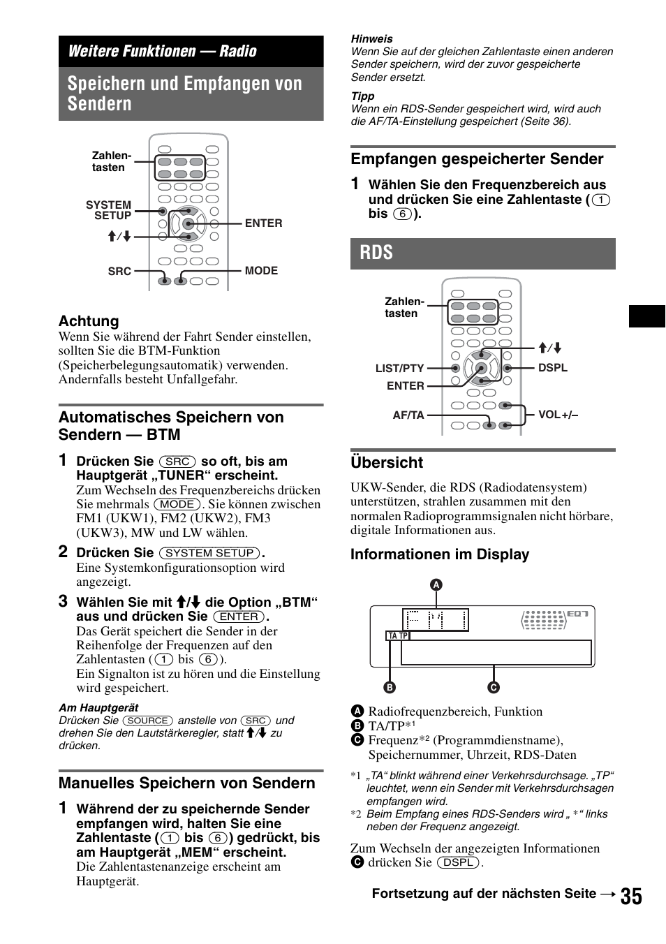 Weitere funktionen - radio, Speichern und empfangen von sendern, Automatisches speichern von sendern - btm | Manuelles speichern von sendern, Empfangen gespeicherter sender, Übersicht, Weitere funktionen — radio, Automatisches speichern von sendern — btm, Achtung, Informationen im display | Sony MEX-DV1000 User Manual | Page 91 / 300