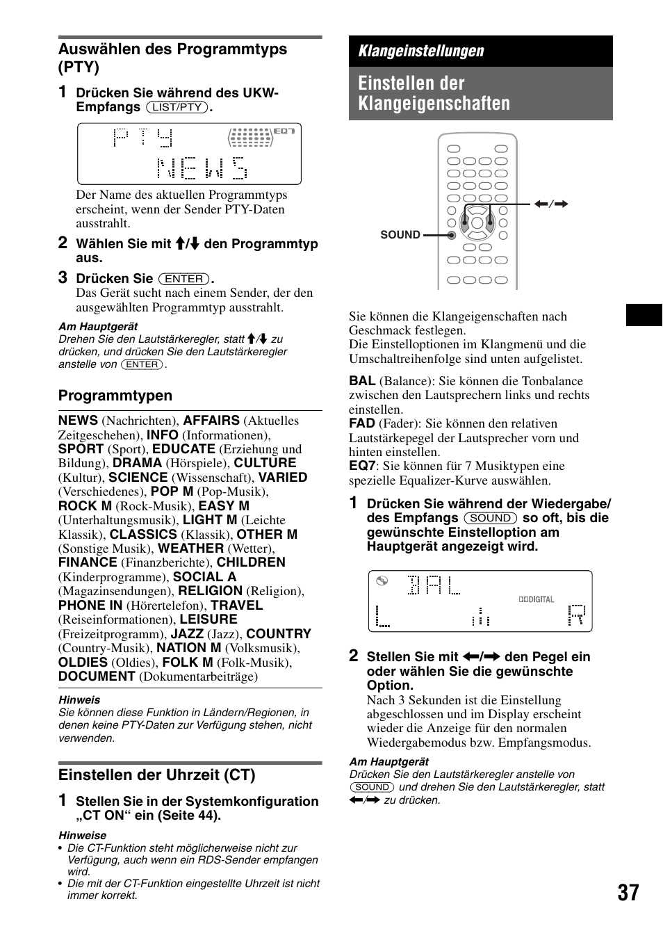 Auswählen des programmtyps (pty), Einstellen der uhrzeit (ct), Klangeinstellungen | Einstellen der klangeigenschaften, Seite 37, 3, Seite 37) | Sony MEX-DV1000 User Manual | Page 93 / 300