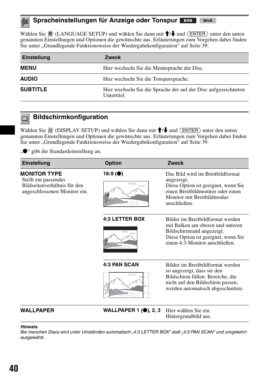 Spracheinstellungen für anzeige oder tonspur, Bildschirmkonfiguration, Seite 40 | Rache, Schlossene | Sony MEX-DV1000 User Manual | Page 96 / 300