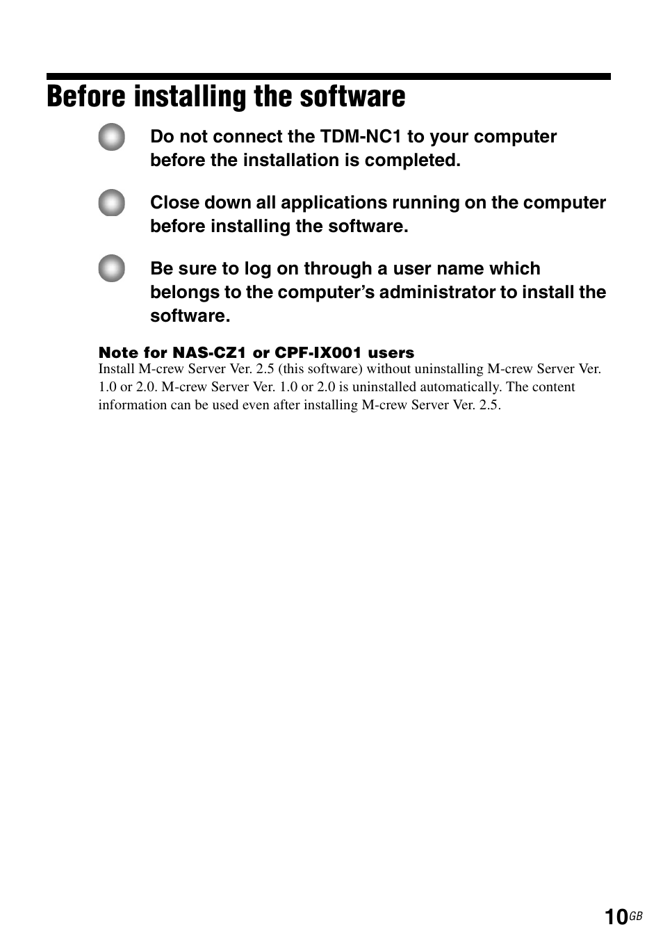 Before installing the software | Sony TDM-NC1 User Manual | Page 10 / 483