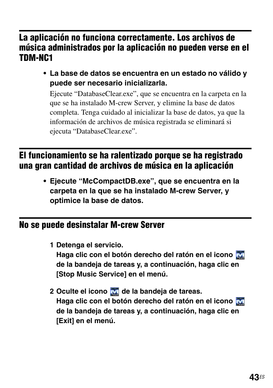 Cantidad de archivos de música en la aplicación, No se puede desinstalar m-crew server | Sony TDM-NC1 User Manual | Page 130 / 483