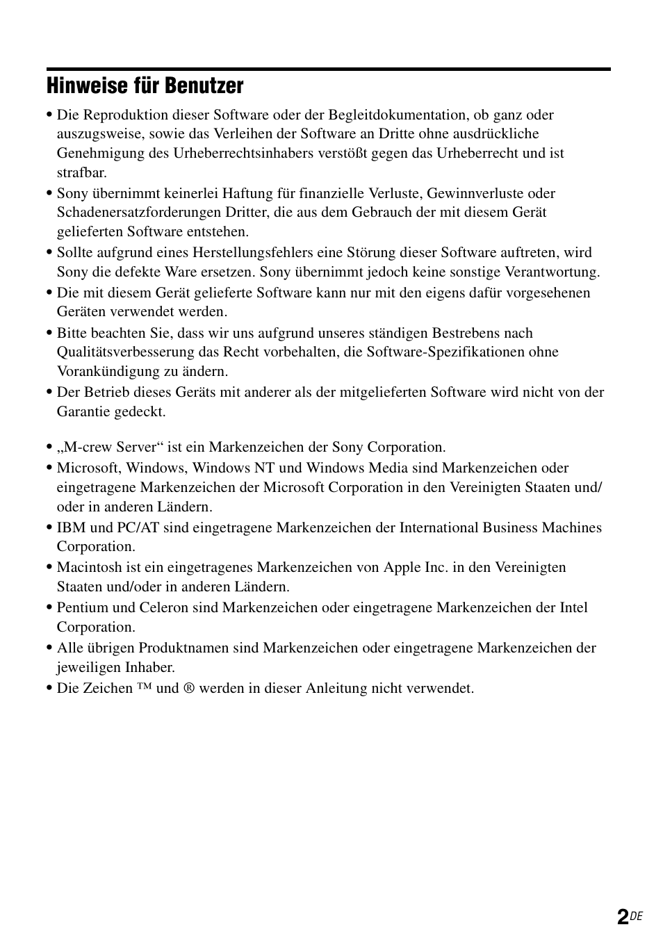 Hinweise für benutzer | Sony TDM-NC1 User Manual | Page 133 / 483