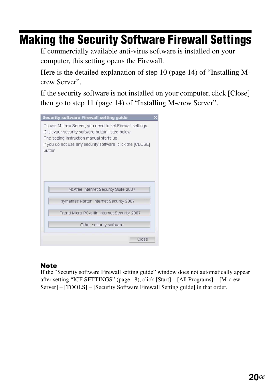 Making the security software firewall settings | Sony TDM-NC1 User Manual | Page 20 / 483