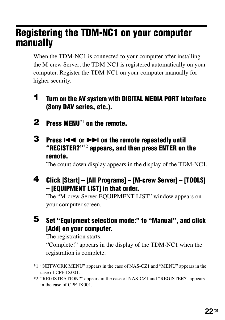 Registering the tdm-nc1 on your computer manually | Sony TDM-NC1 User Manual | Page 22 / 483