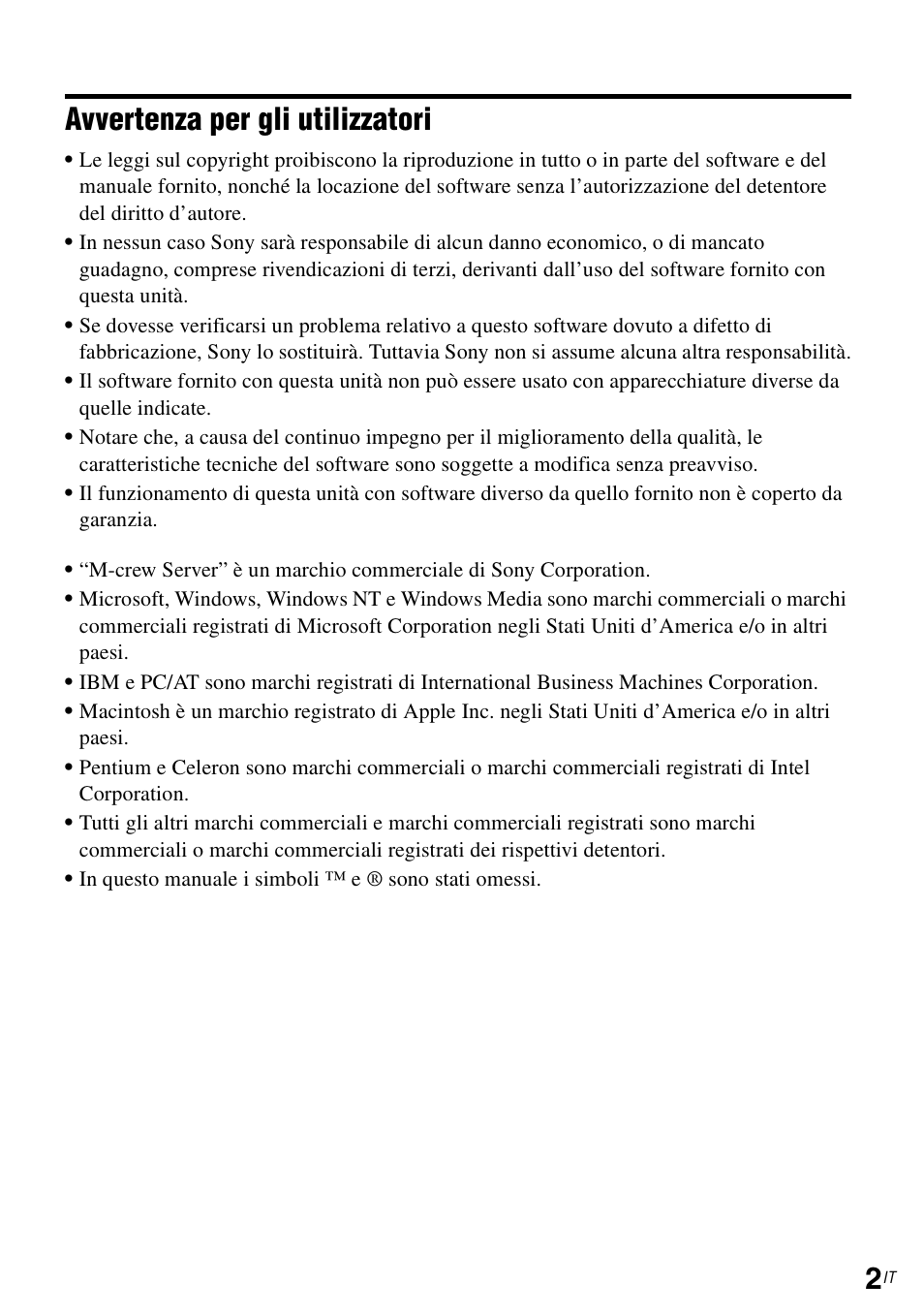 Avvertenza per gli utilizzatori | Sony TDM-NC1 User Manual | Page 222 / 483