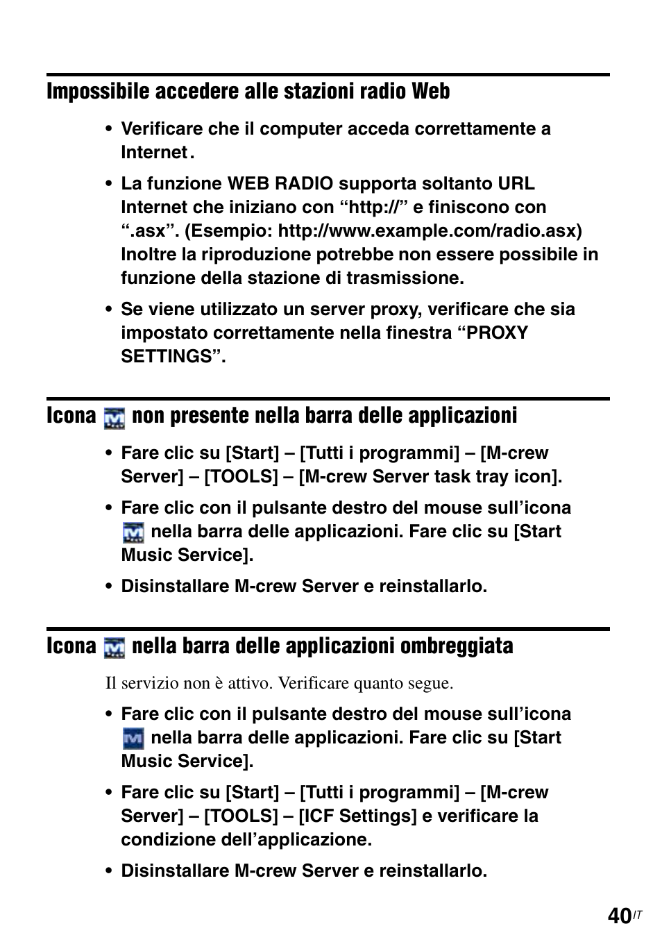 Impossibile accedere alle stazioni radio web icona, Non presente nella barra delle applicazioni, Icona | Nella barra delle applicazioni ombreggiata | Sony TDM-NC1 User Manual | Page 260 / 483