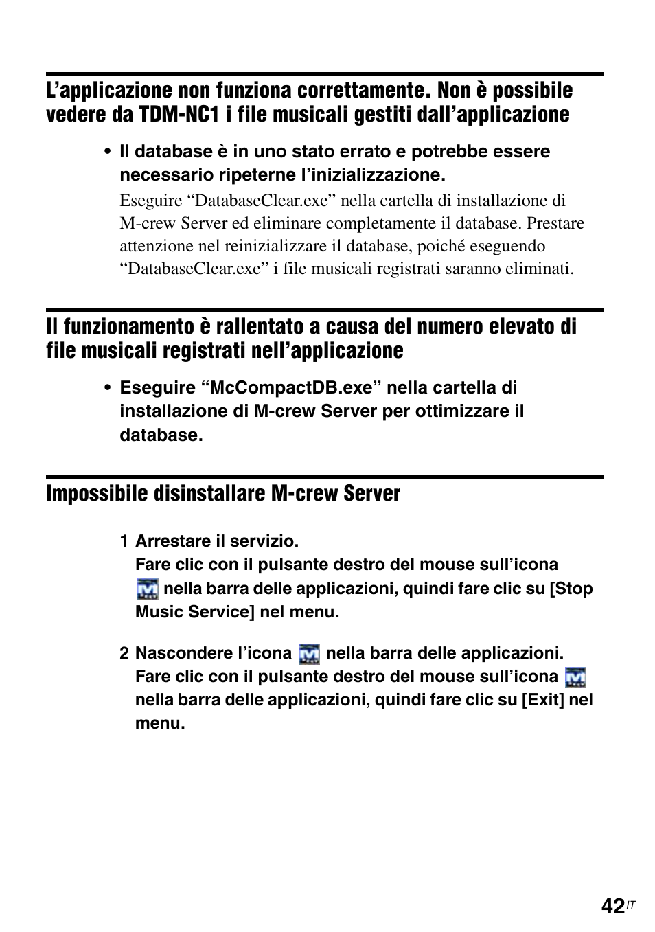 Musicali registrati nell’applicazione, Impossibile disinstallare m-crew server | Sony TDM-NC1 User Manual | Page 262 / 483