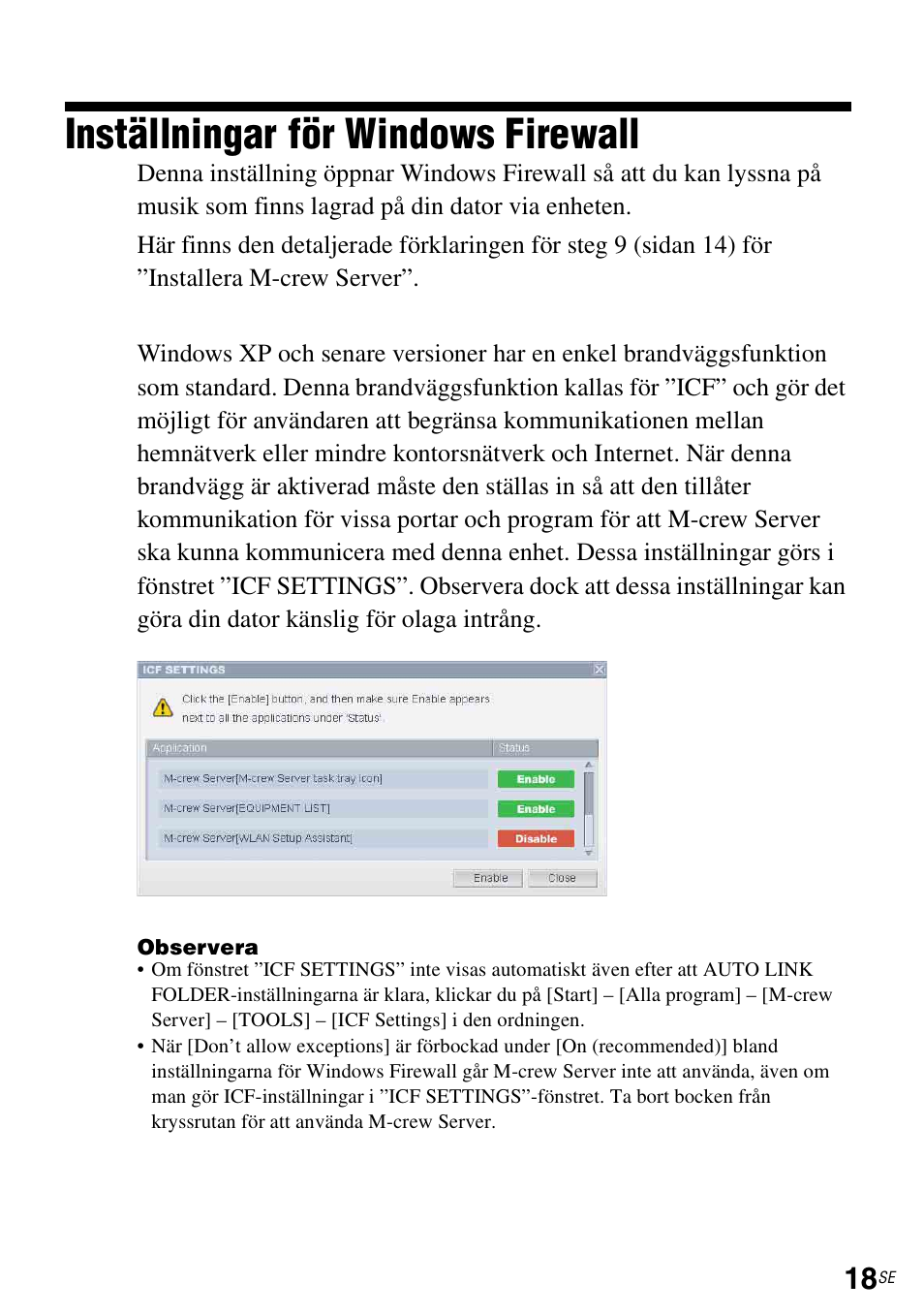 Inställningar för windows firewall | Sony TDM-NC1 User Manual | Page 281 / 483
