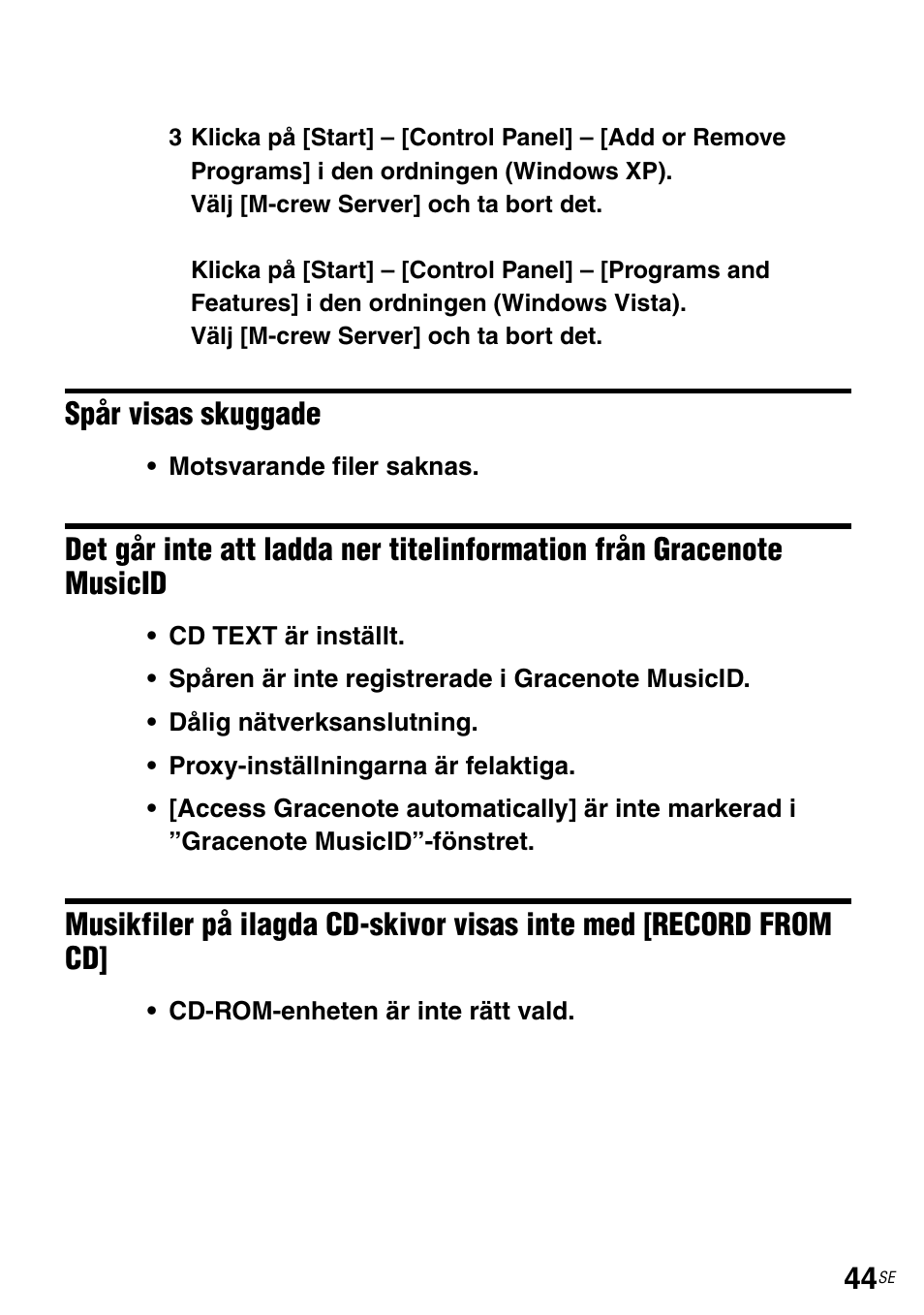 Spår visas skuggade, Det går inte att ladda ner titelinformation från, Gracenote musicid | Sony TDM-NC1 User Manual | Page 307 / 483