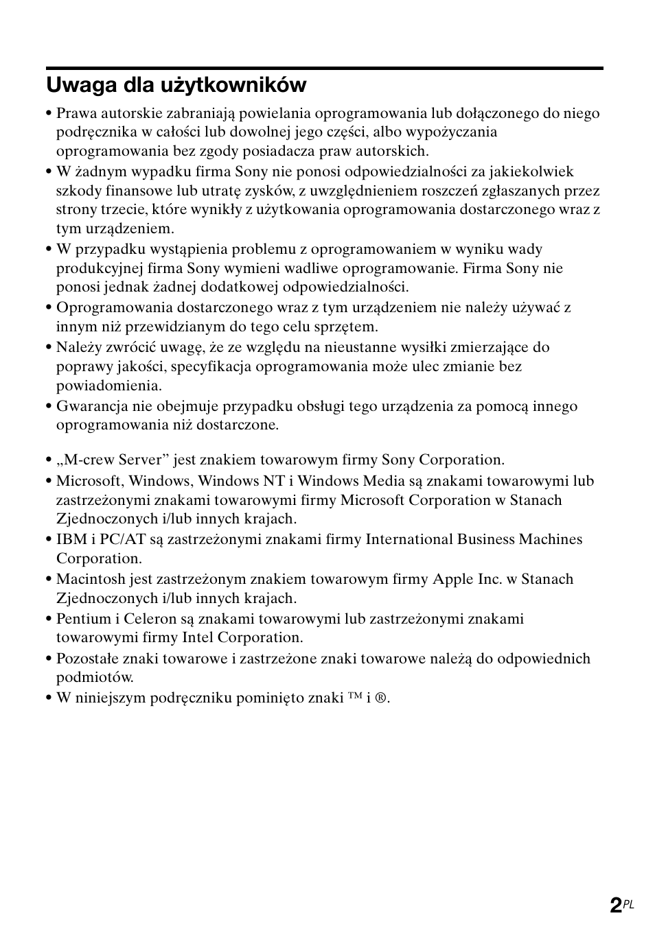 Uwaga dla użytkowników | Sony TDM-NC1 User Manual | Page 309 / 483