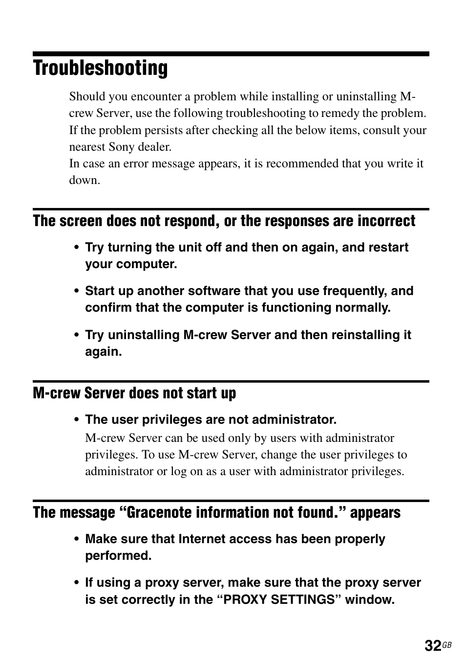 Troubleshooting | Sony TDM-NC1 User Manual | Page 32 / 483