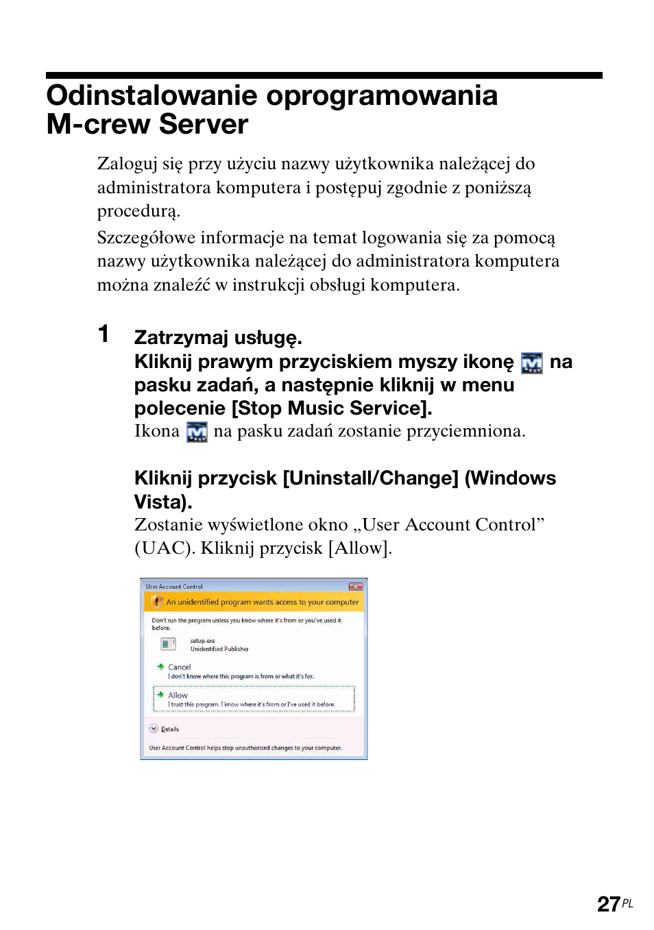 Odinstalowanie oprogramowania m-crew server, Odinstalowanie oprogramowania, M-crew server | Sony TDM-NC1 User Manual | Page 334 / 483