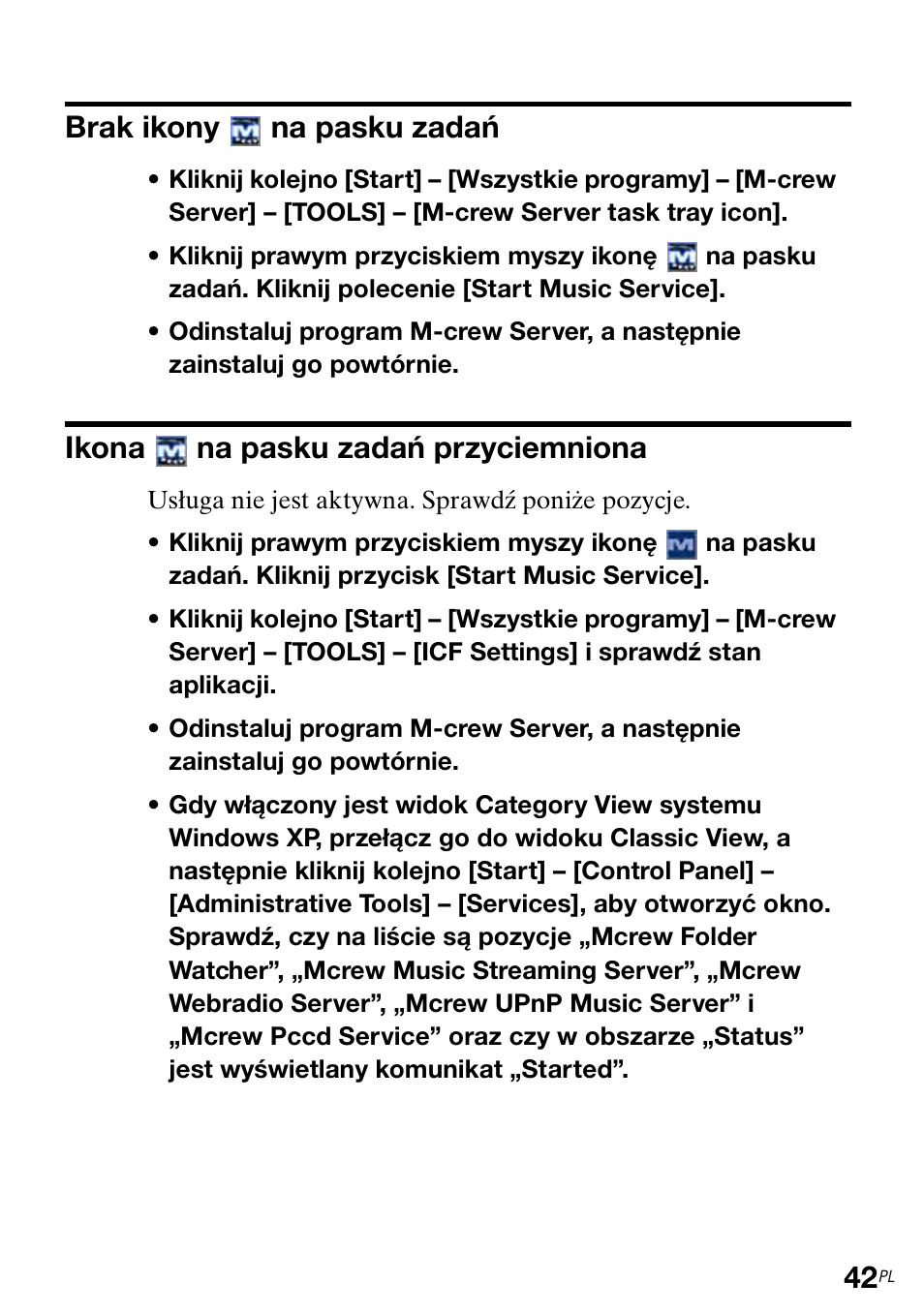 Brak ikony, Na pasku zadań, Ikona | Na pasku zadań przyciemniona | Sony TDM-NC1 User Manual | Page 349 / 483