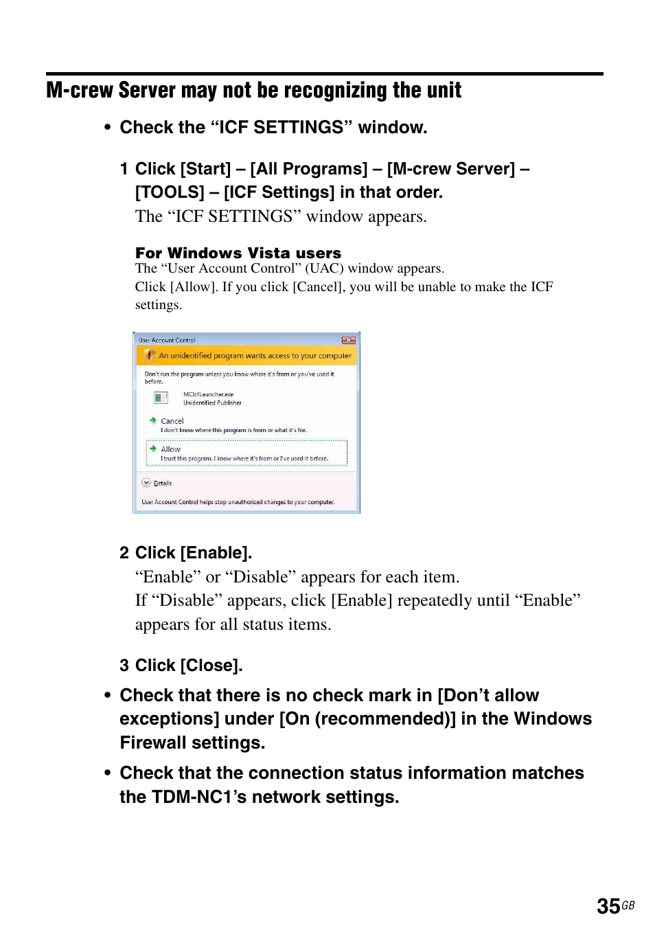 M-crew server may not be recognizing the unit | Sony TDM-NC1 User Manual | Page 35 / 483