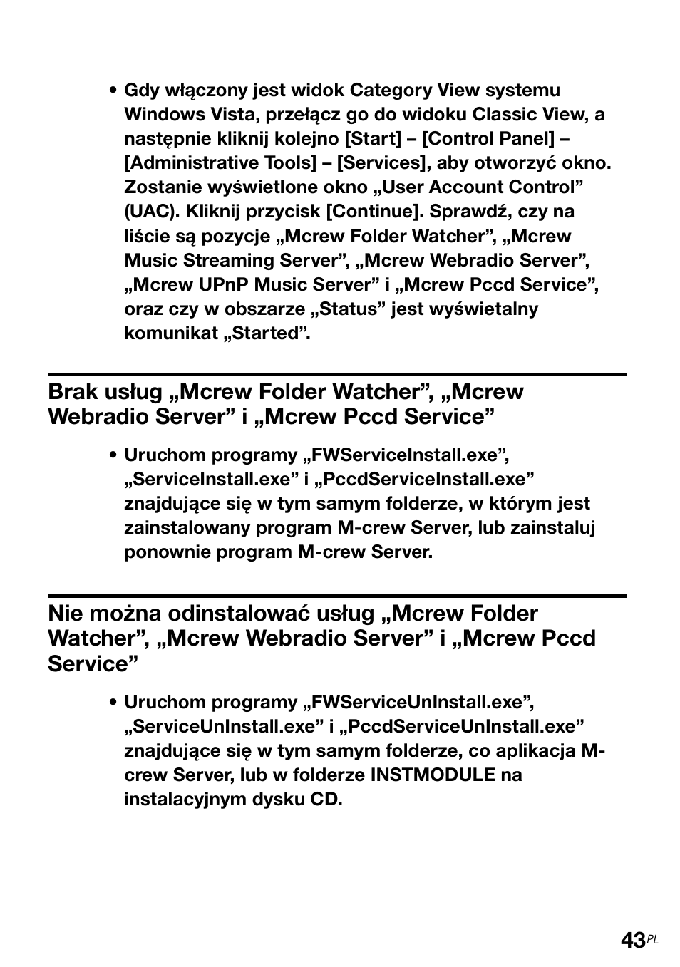 Brak usług „mcrew folder watcher”, „mcrew webradio, Server” i „mcrew pccd service, Nie można odinstalować usług „mcrew folder watcher | Mcrew webradio server” i „mcrew pccd service | Sony TDM-NC1 User Manual | Page 350 / 483