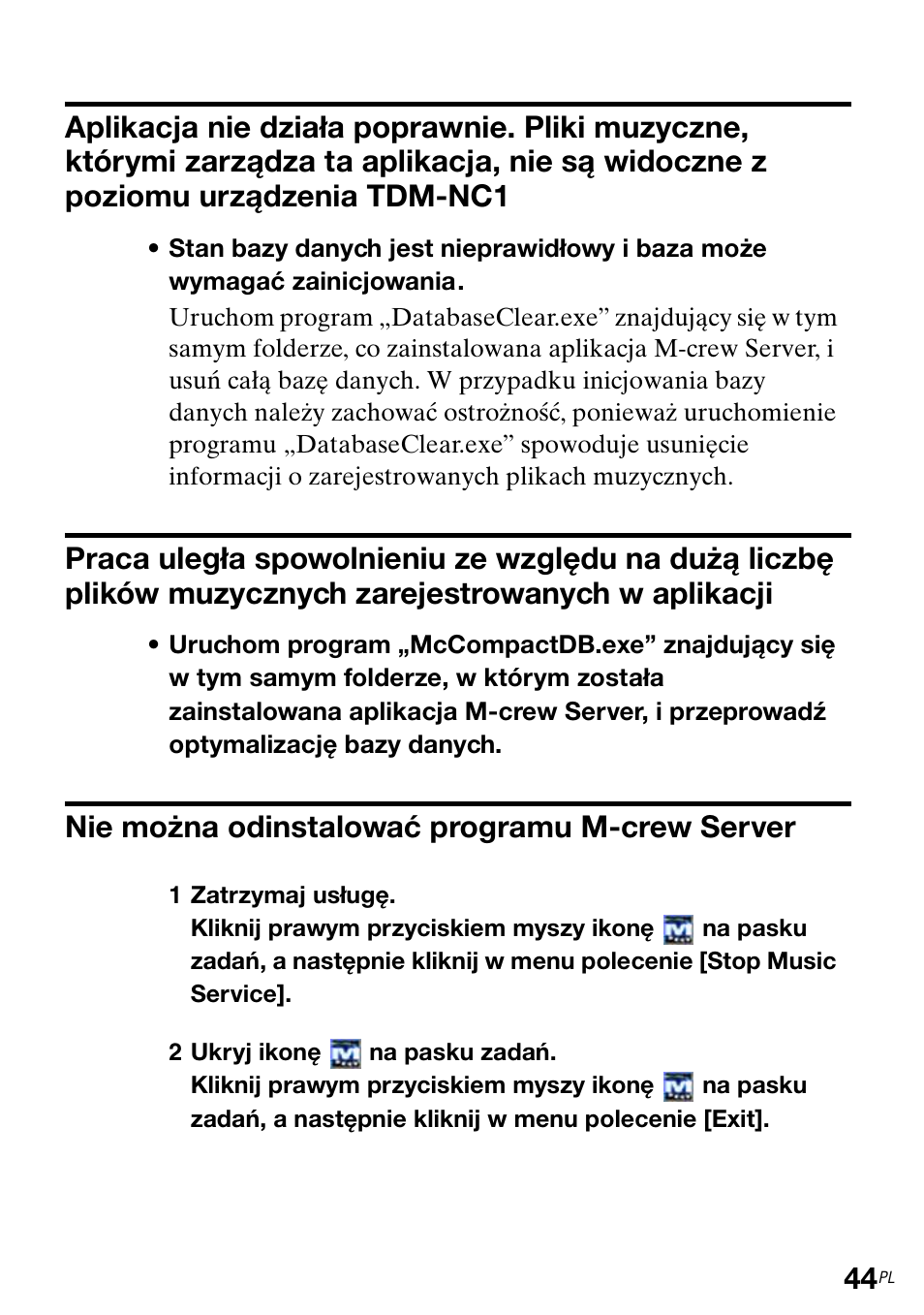 Muzycznych zarejestrowanych w aplikacji, Nie można odinstalować programu m-crew server | Sony TDM-NC1 User Manual | Page 351 / 483