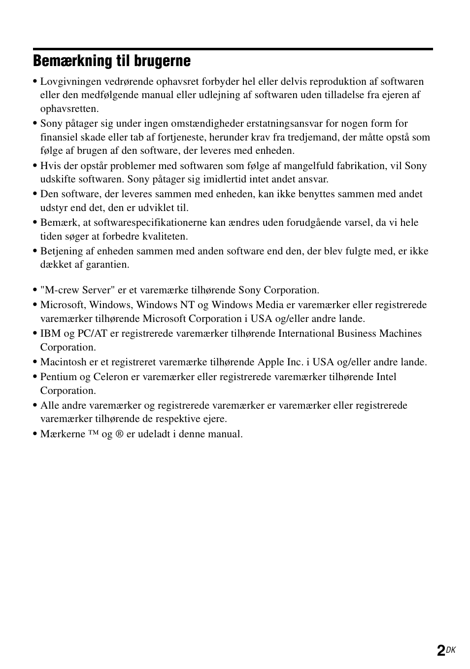 Bemærkning til brugerne | Sony TDM-NC1 User Manual | Page 355 / 483