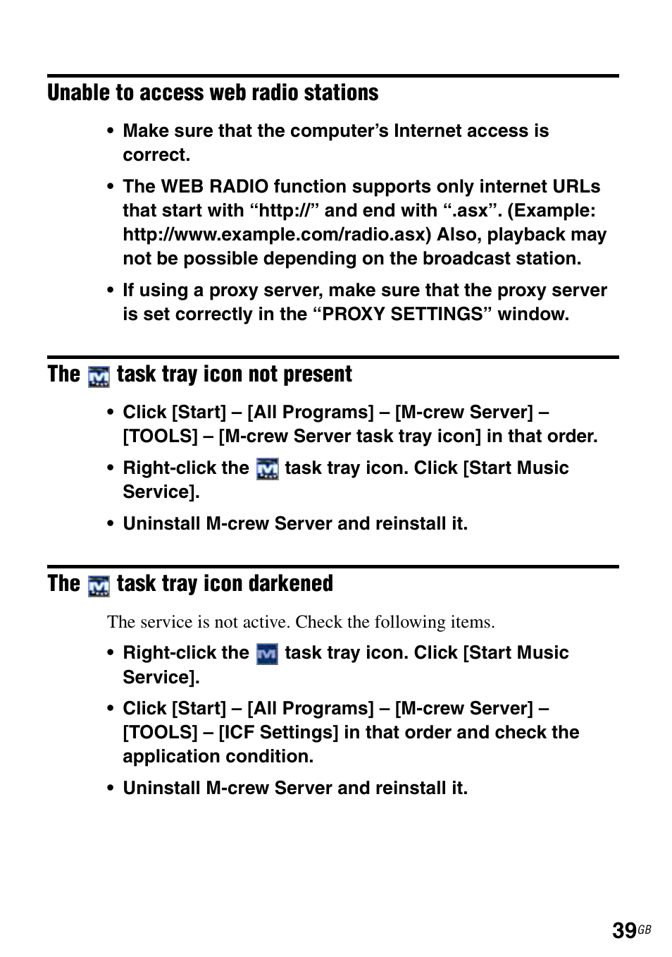 Unable to access web radio stations the, Task tray icon not present, Task tray icon darkened | Sony TDM-NC1 User Manual | Page 39 / 483