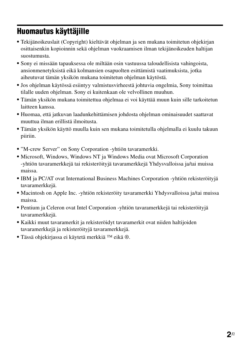 Huomautus käyttäjille | Sony TDM-NC1 User Manual | Page 398 / 483