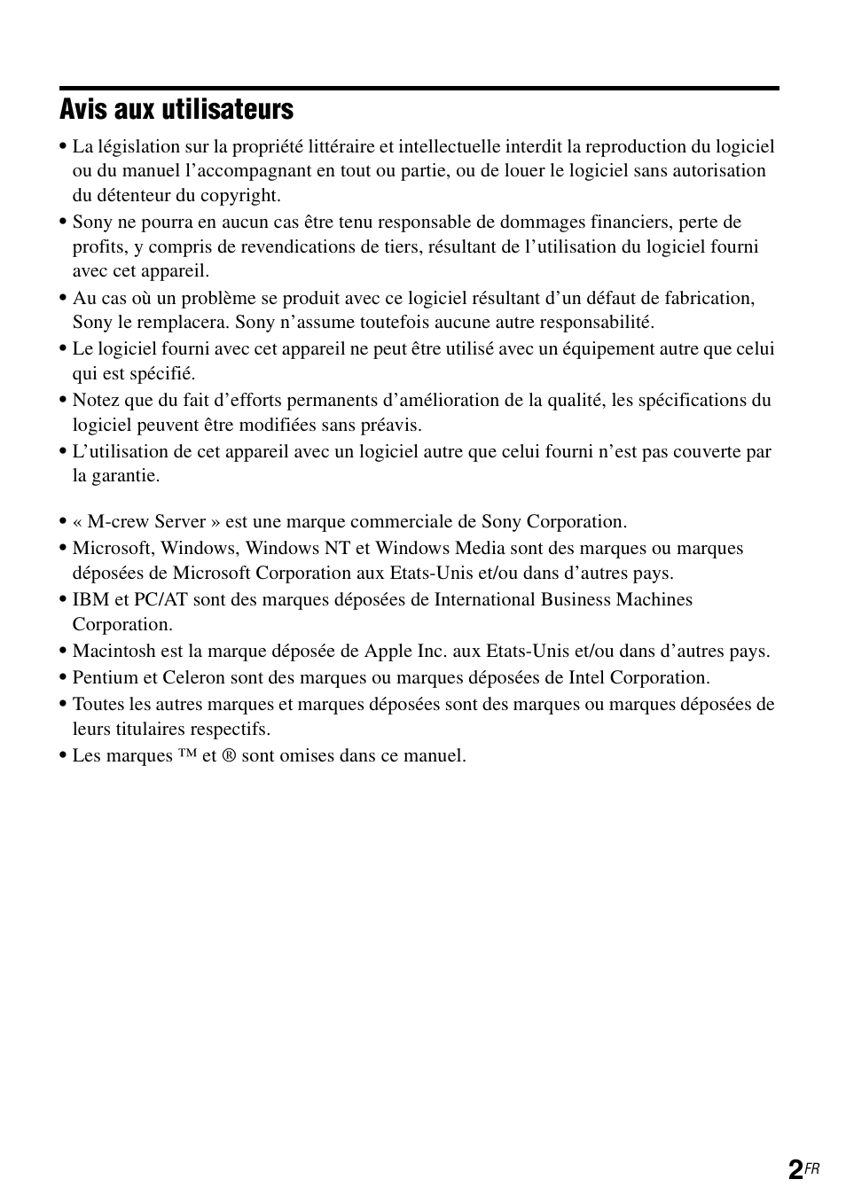 Avis aux utilisateurs | Sony TDM-NC1 User Manual | Page 44 / 483