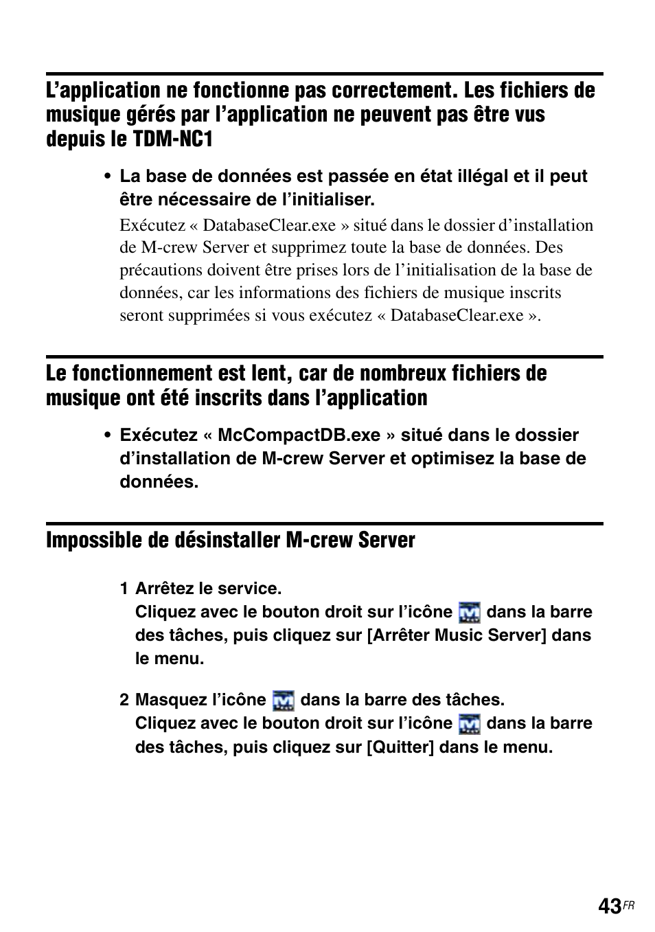 Musique ont été inscrits dans l’application, Impossible de désinstaller m-crew server | Sony TDM-NC1 User Manual | Page 85 / 483