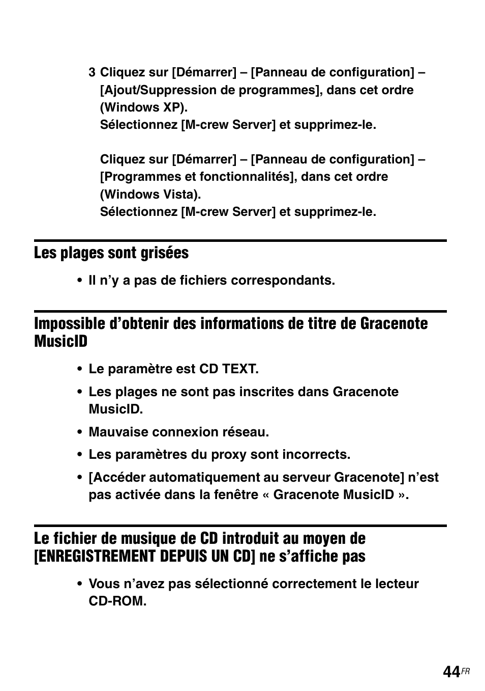 Gracenote musicid, Le fichier de musique de cd introduit au moyen de, Enregistrement depuis un cd] ne s’affiche pas | Sony TDM-NC1 User Manual | Page 86 / 483