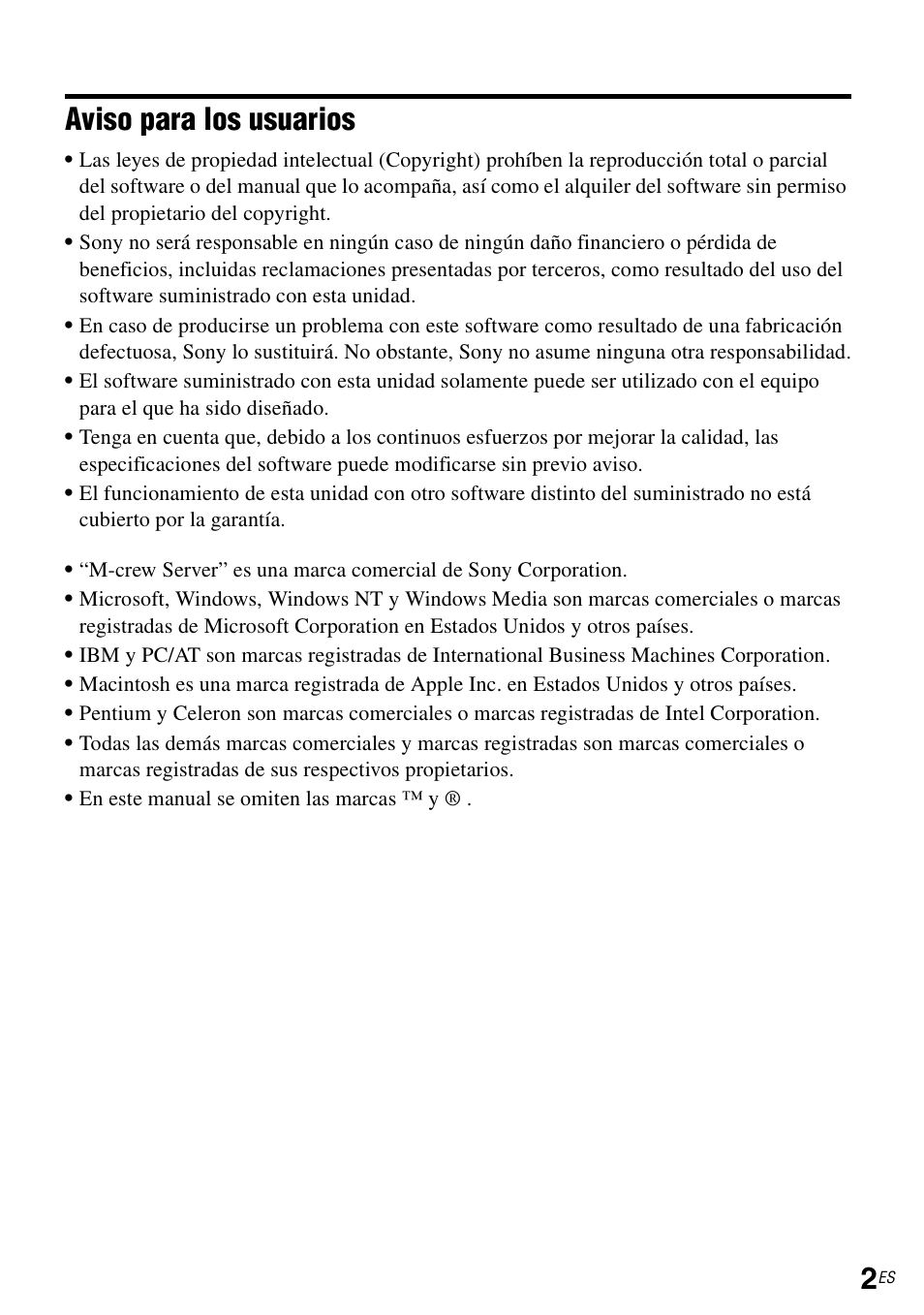 Aviso para los usuarios | Sony TDM-NC1 User Manual | Page 89 / 483