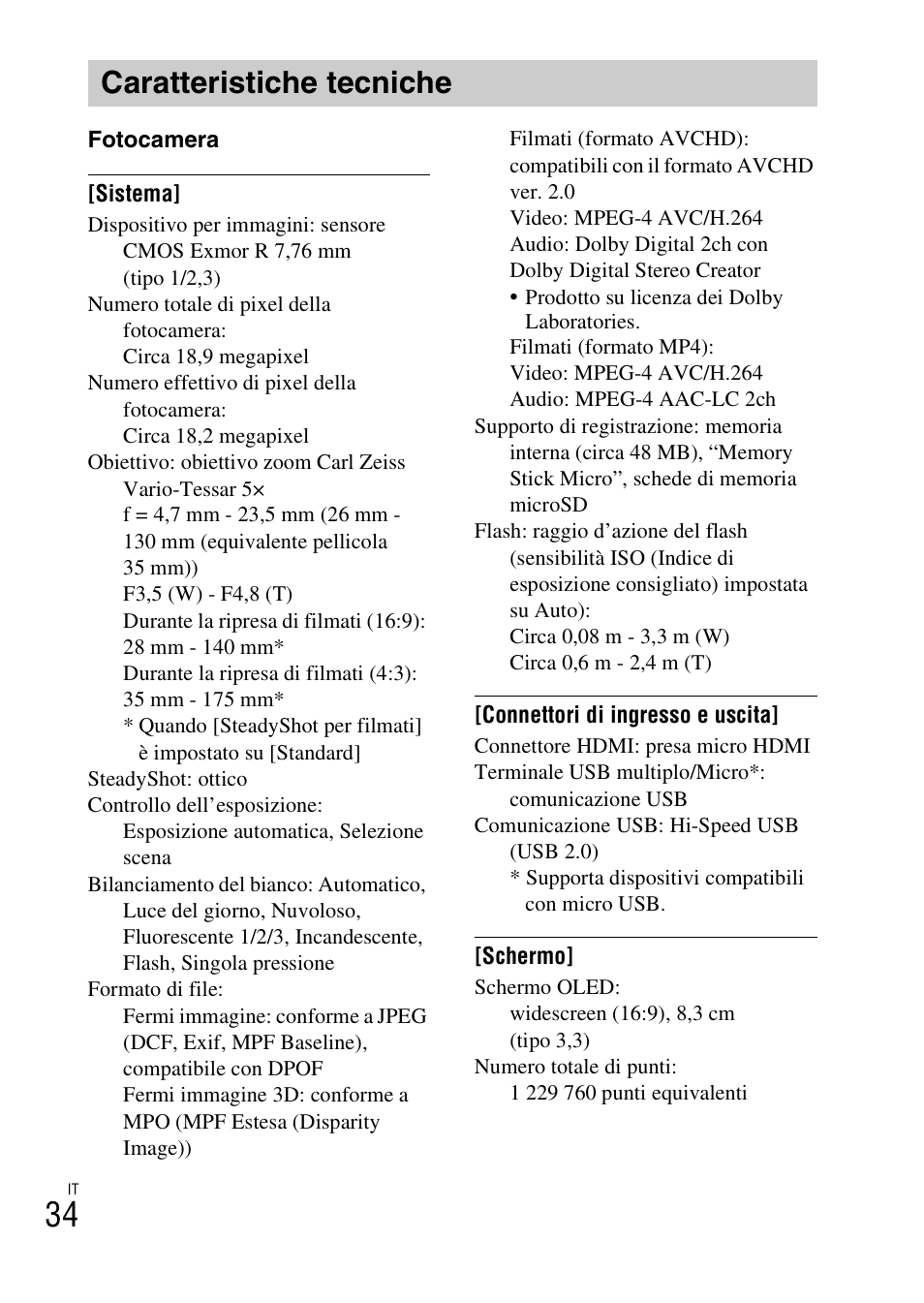 Caratteristiche tecniche | Sony DSC-TX30 User Manual | Page 108 / 643