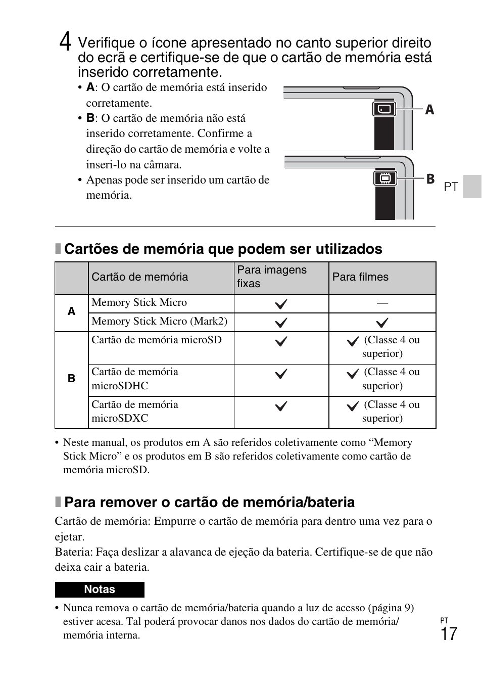 Xcartões de memória que podem ser utilizados, Xpara remover o cartão de memória/bateria | Sony DSC-TX30 User Manual | Page 163 / 643