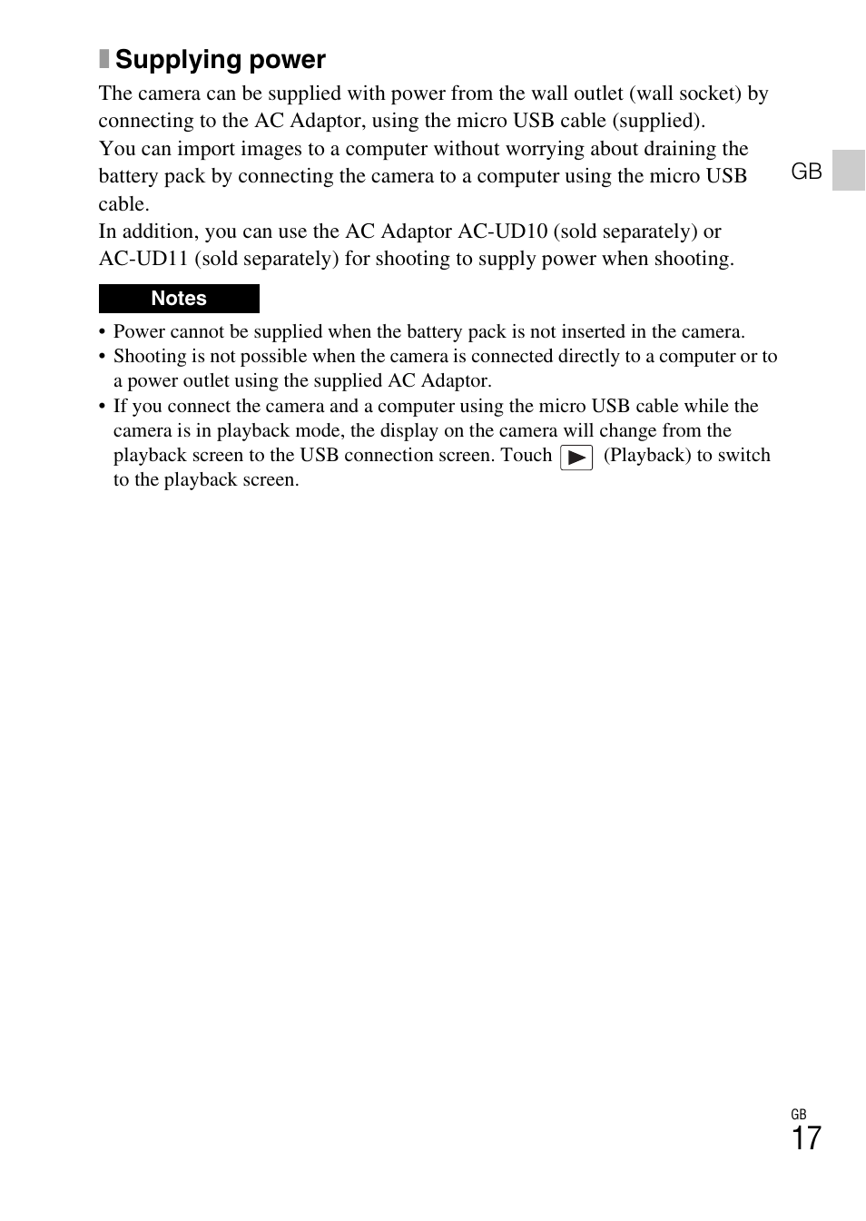 Xsupplying power | Sony DSC-TX30 User Manual | Page 17 / 643