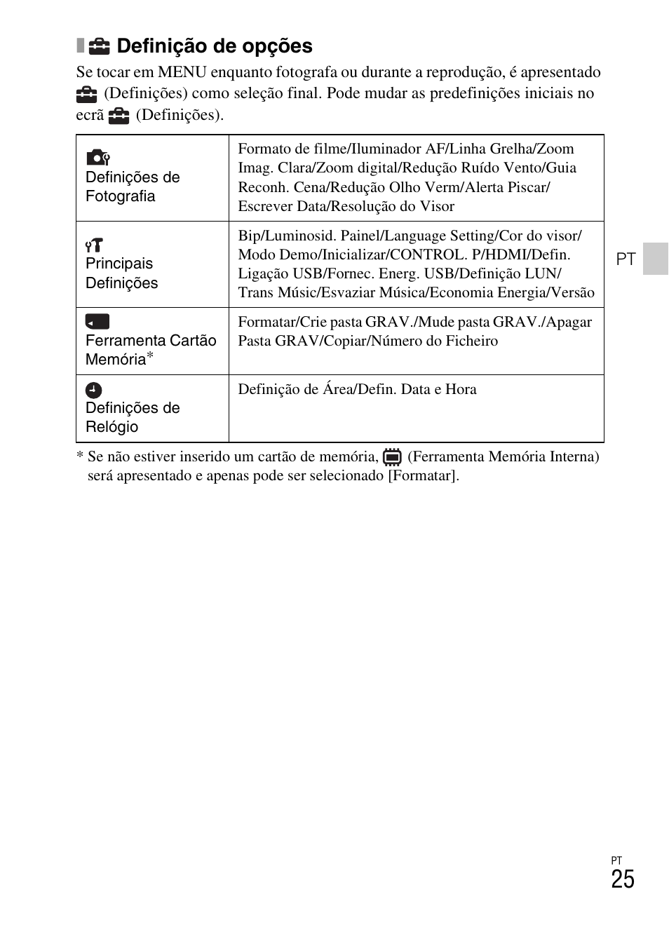 Definição de opções | Sony DSC-TX30 User Manual | Page 171 / 643