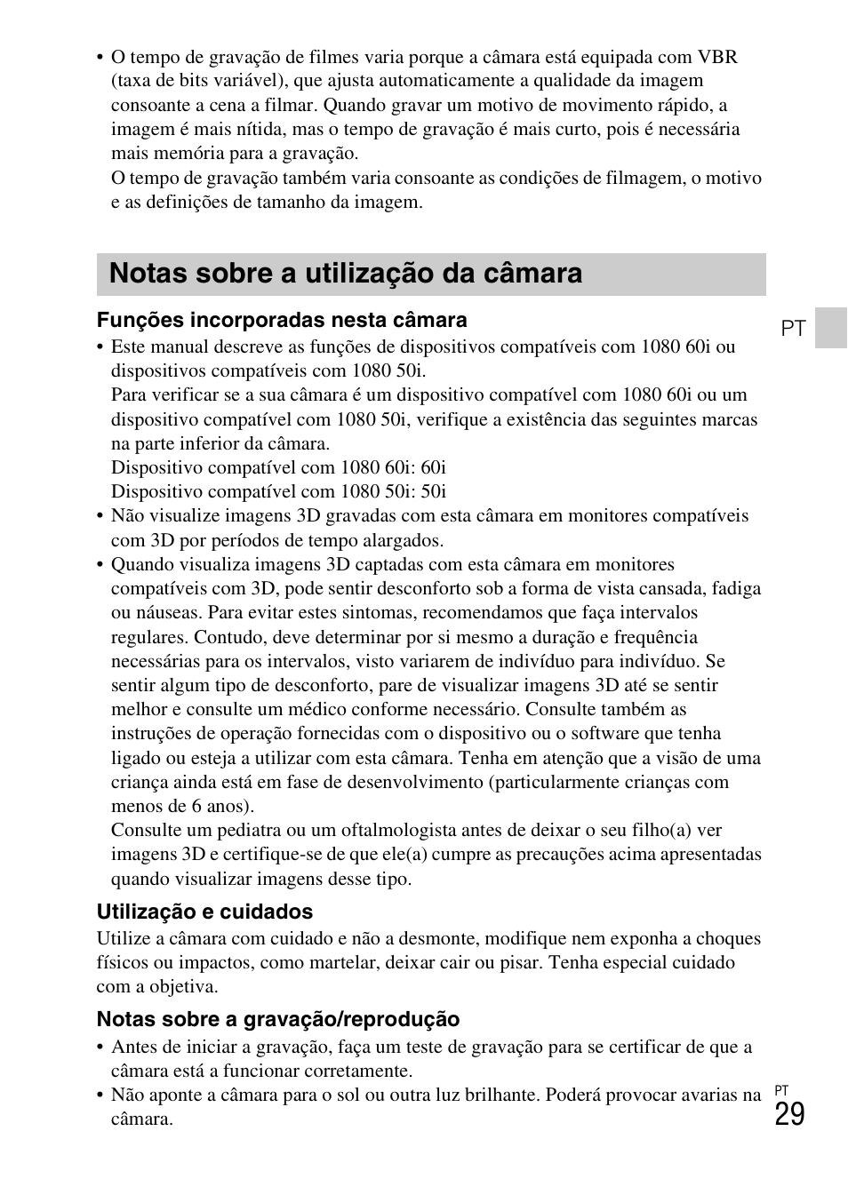 Notas sobre a utilização da câmara | Sony DSC-TX30 User Manual | Page 175 / 643
