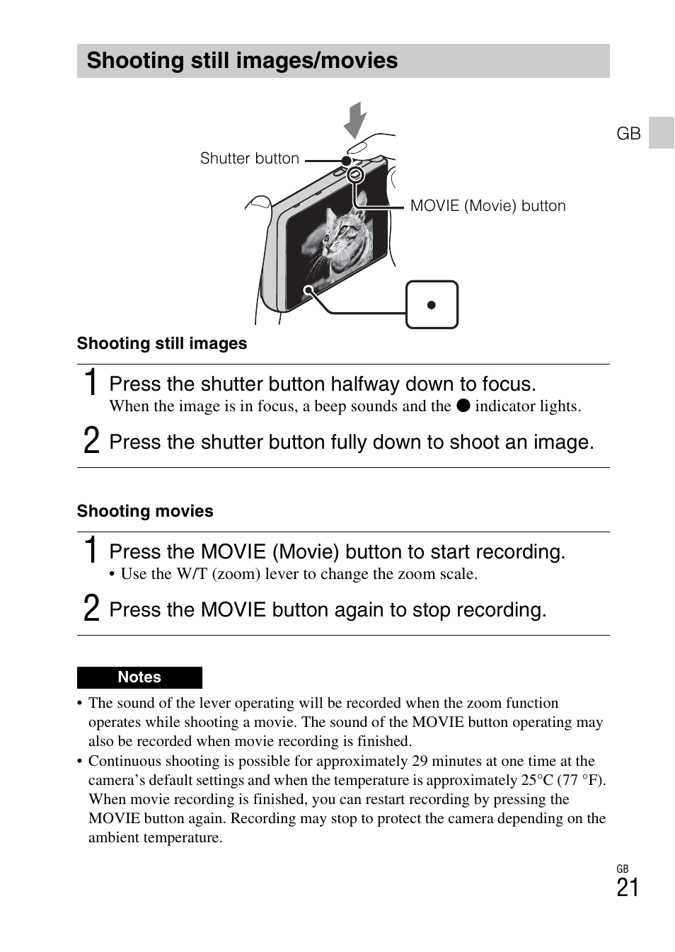 Shooting still images/movies | Sony DSC-TX30 User Manual | Page 21 / 643