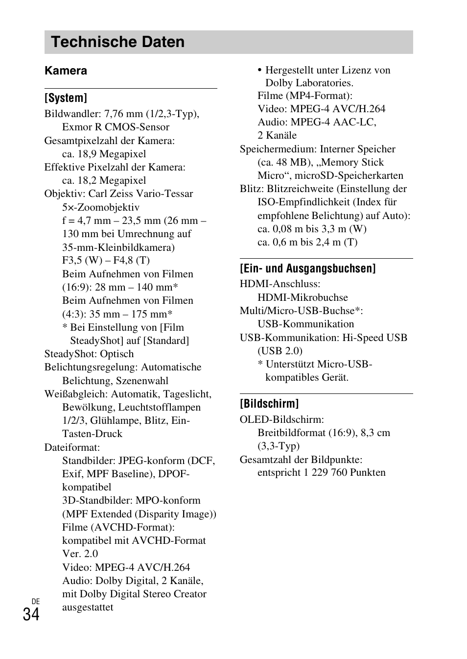 Technische daten | Sony DSC-TX30 User Manual | Page 214 / 643