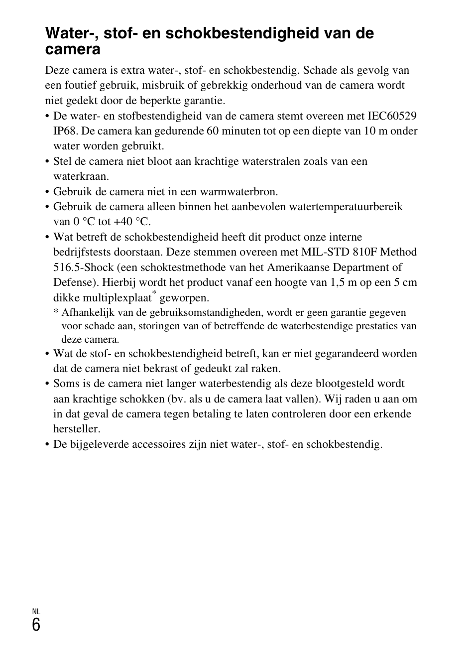 Water-, stof- en schokbestendigheid van de camera | Sony DSC-TX30 User Manual | Page 222 / 643