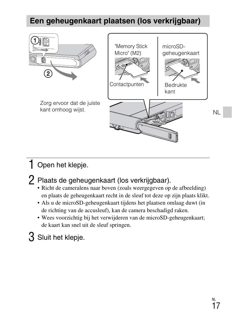 Een geheugenkaart plaatsen (los verkrijgbaar) | Sony DSC-TX30 User Manual | Page 233 / 643