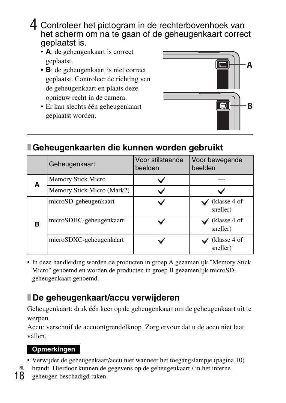 Xgeheugenkaarten die kunnen worden gebruikt, Xde geheugenkaart/accu verwijderen | Sony DSC-TX30 User Manual | Page 234 / 643