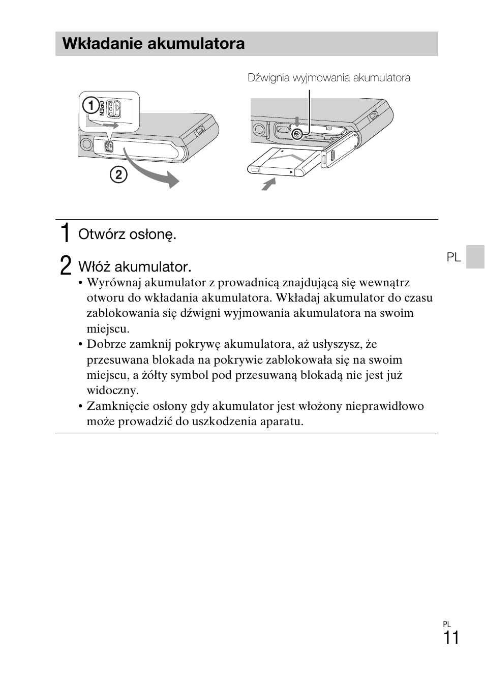 Wkładanie akumulatora | Sony DSC-TX30 User Manual | Page 261 / 643